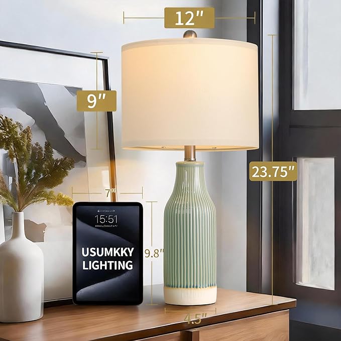 USumkky 23.75" Modern Green Ceramic Table Lamp Set of 2 for Living Room, Farmhouse Bedside Nightstand Lamp for Bedroom Home Office Dorm