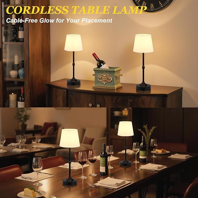 Kakanuo Rechargeable Cordless Table Lamp Black - 2 Pack 4000mAh Battery Operated Lamp, Touch Control Stepless Dimming, for Home Decor, Dining Table, Living Room, Bedroom