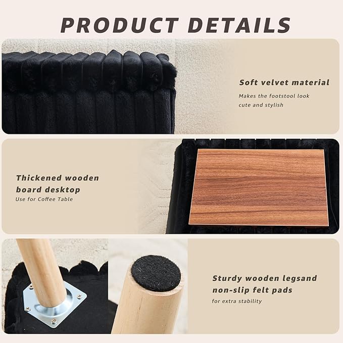 Wimarsbon Storage Ottoman,Soft Faux Fur Footstool with Padded Seat, Small Reading Vanity Chair, Footrest with Wood Tray for Couch, Mini Coffee Table or Display Stand (Black)