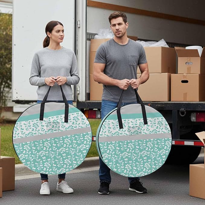 Storage Bag Aqua Grey Leaves Round Storage Totes Bins Closet Organizers with Zippers & Handle Stitching Stripes Clothes Storage Container for Bedroom Dorm Space Saving Packing Supplies Moving Bags