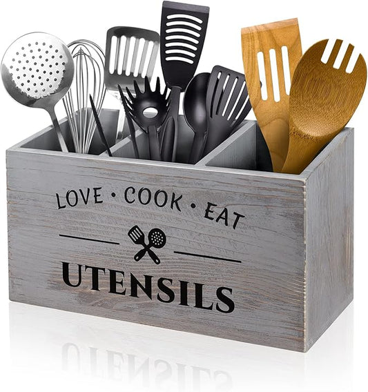 MINCORD Utensil Holder with 3 Compartments, Rustic Wood Utensil Caddy Crocks for Kitchen Counter, Farmhouse Flatware Organizer Storage Box for Silverware Fork Spoon Spatula