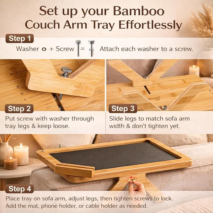 Couch Arm Tray Table with Adjustable Legs – Bamboo Sofa Arm Tray with Removable Phone Holder & Non-Slip Mat – Couch Armrest Table for Drinks, Snacks & Remote – Fits Sofa Arms up to 8.8"