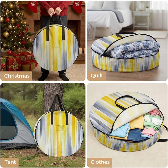 36 Inch Round Storage Bag 1 Pack,Grey Yellow Abstract Texture Waterproof Wreath Storage Container with Handles&Zipper Retro Graffiti Closet Organizer Bags Garland Box