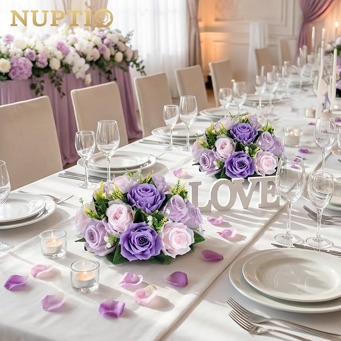 NUPTIO Artificial Flower Ball Centerpieces: 10 Pcs Lilac & Purple & Pink Rose Arrangements for Wedding Party Tables - Faux Silk Floral DIY Kissing Balls for Home Event Dining Decorations