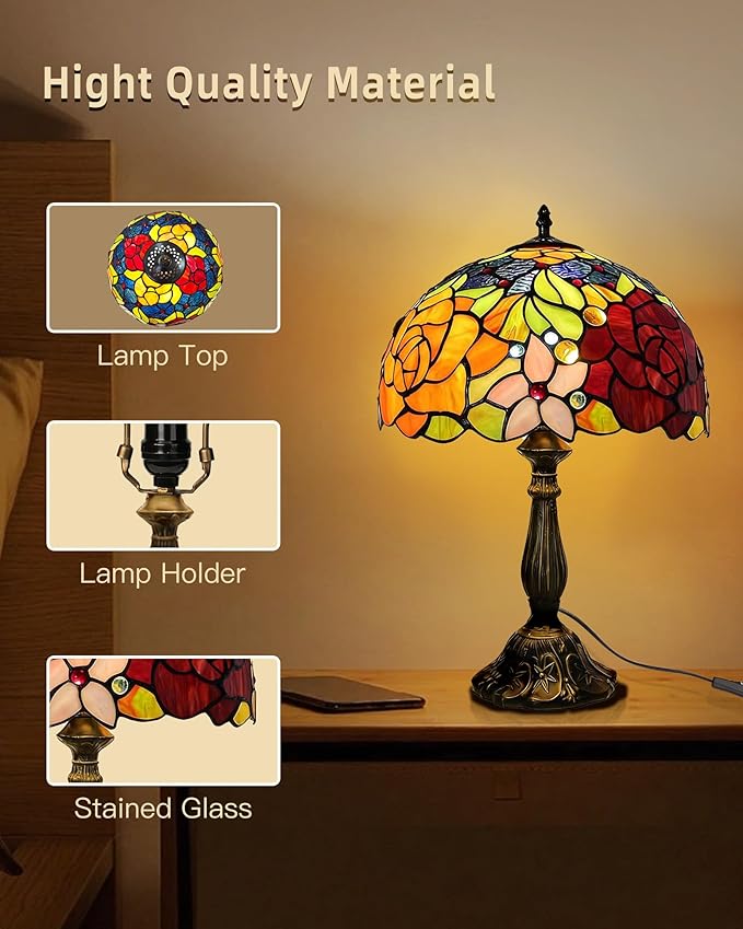 Tiffany Lamp - Rose Flower Stained Glass Table Lamp 12x12x18 Inches - Rose Flower Style Desk Reading Light - Bedroom & Living Room Decor