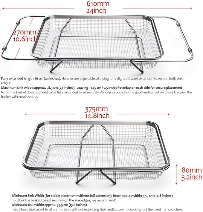 WAGENSTEIGER Extendable Dish Rack with Feet, Vegetable Colander Basket, Stainless Steel Dish or Silverware Drying Rack, Ultimate Kitchen Organizer Over the Sink (12.99 x 9.65 x 2.76 Inches)