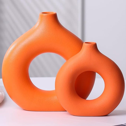 Modern Donut-Shaped Decorative Vases, Handmade Minimalist Boho ins Style, Modern Vase for Home Decor for Wedding Dinner Table Party Living Room Office Bedroom (Orange, Large + Small)