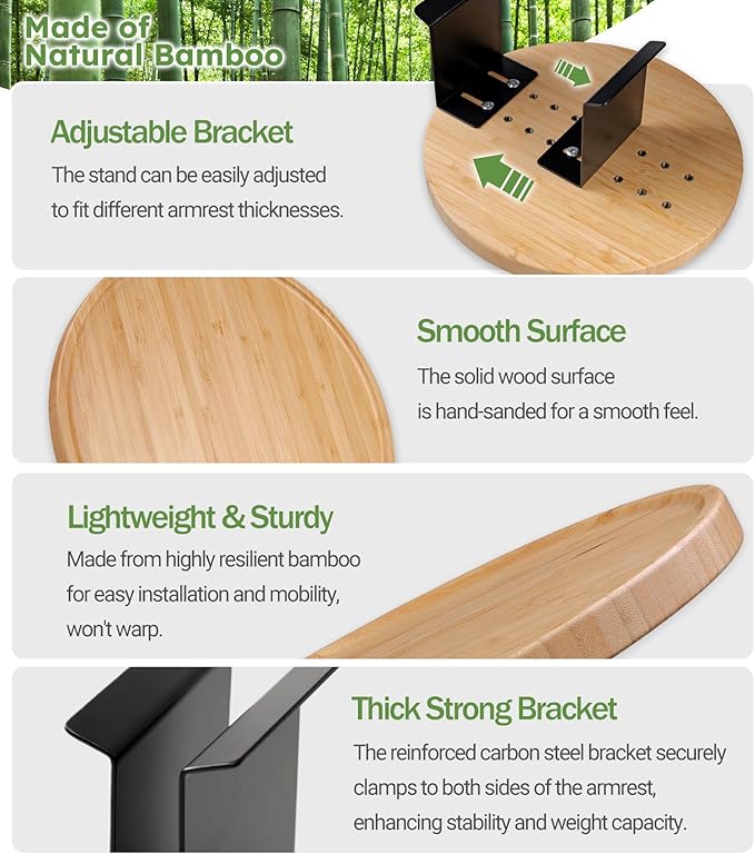 Bamboo Couch Arm Tray,12'' Space Adjustable Sofa Arm Table,Round Chair Arm Table Sofa Armrest Tray for Thin & Wide Couches Arm,Snack Armchair Couch Caddy