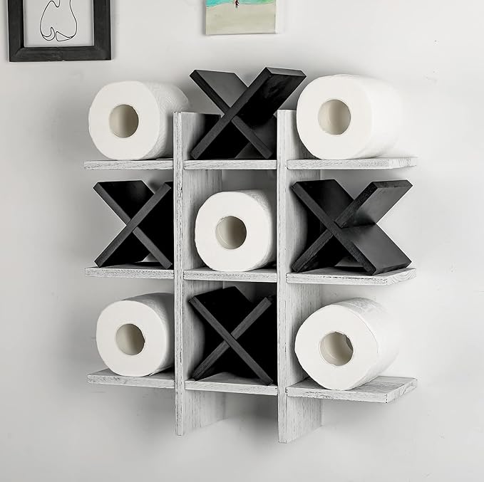 Weysat Tic Tac Toe Toilet Paper Holder Stand Bathroom Wall Decor Rustic Wooden Hanging Storage Freestanding Wall Mounted Shelves Decor for Toilet Tissue Farmhouse