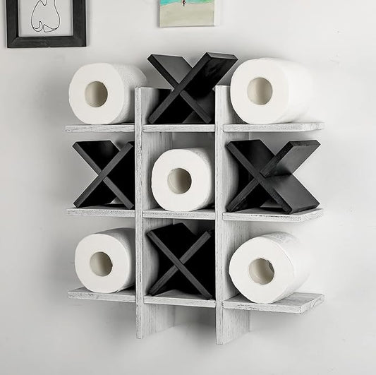 Weysat Tic Tac Toe Toilet Paper Holder Stand Bathroom Wall Decor Rustic Wooden Hanging Storage Freestanding Wall Mounted Shelves Decor for Toilet Tissue Farmhouse