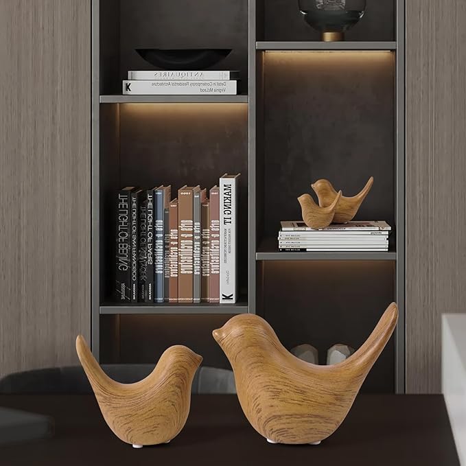 Elegant Wood Look Small Bird Sculptures,Modern Abstract Art Pieces for Bookshelf Decor, Coffee Table Decor, and Luxury Home Decor Accents(2Pcs Set)