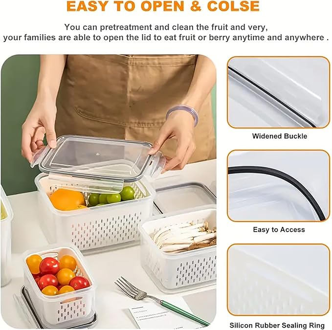 3Pcs Fruit Containers for Fridge with Removable Colanders and Lids, Airtight Storage Container to Keep Fruits, Vegetables, Berry, Meat Fresh Longer, Dishwasher & Microwave Safe