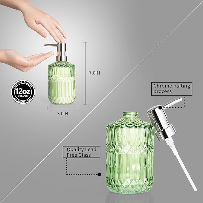 Diamond Design 12 Oz Green Glass Soap Dispenser,Refillable Lotion Soap Dispenser for Bathroom, Kitchen, Hand Soap, Dish Soap,Shampoo, Ideal for Bathroom Countertop. (Clear Green)