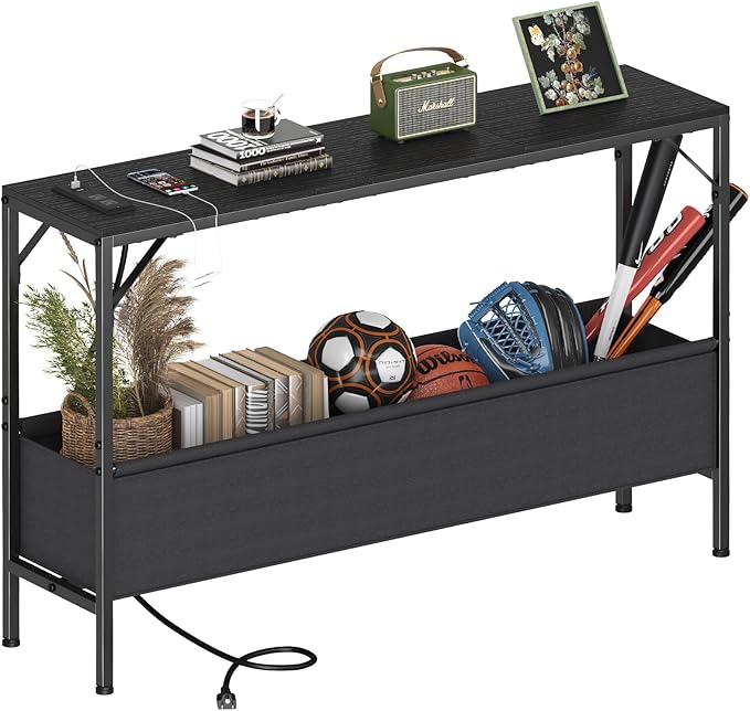 Asgolion Narrow Console Table, 47.2" Long Entryway Table with Storage & Power Outlets, Hallway Table, Mordern IndustrialSofa Tables for Living Room, Bedroom, Foyer, Office, Anti-tip Kit, Black