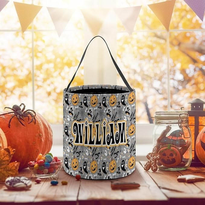 Personalized Halloween Trick or Treat Candy Bag with Name Custom Text Party Tote Bucket Halloween Candy Basket Gift (Bag-3)