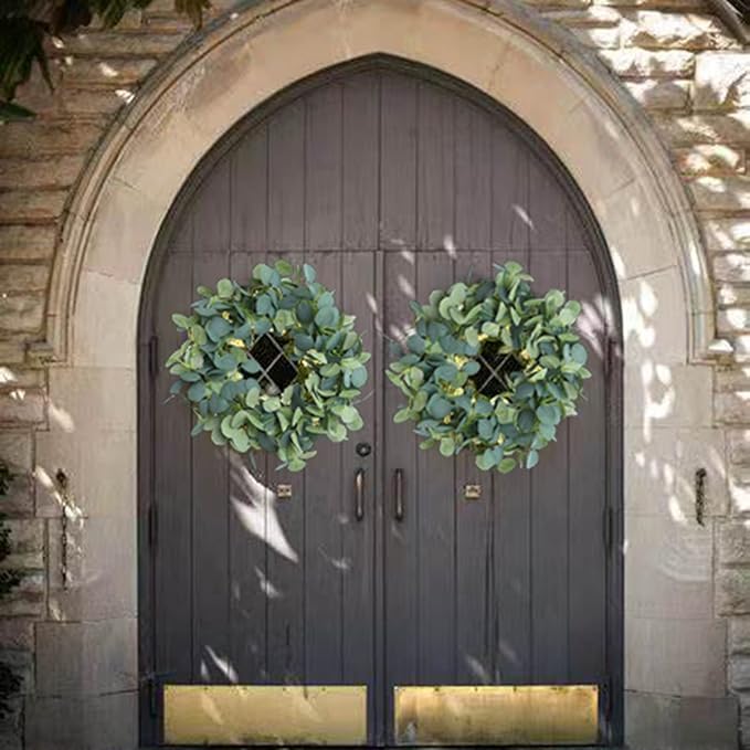 FUGZAUD 2 Pack Artificial Eucalyptus Garland Faux Silk Leaf Silver Dollar Eucalyptus Leaves Vines Handmade Garland Greenery Wedding Backdrop Indoor Outdoor Arch Wall Decoration