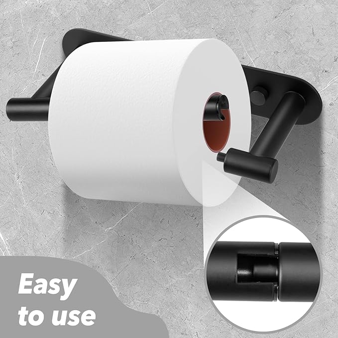 Matte Black Toilet Paper Holder Wall Mount - Double Post Pivoting Bathroom Tissue Holder, 304 Stainless Steel Rustproof - Adhesive or Screw in Wall Toilet Paper Roll Holder, Commercial & Home Use