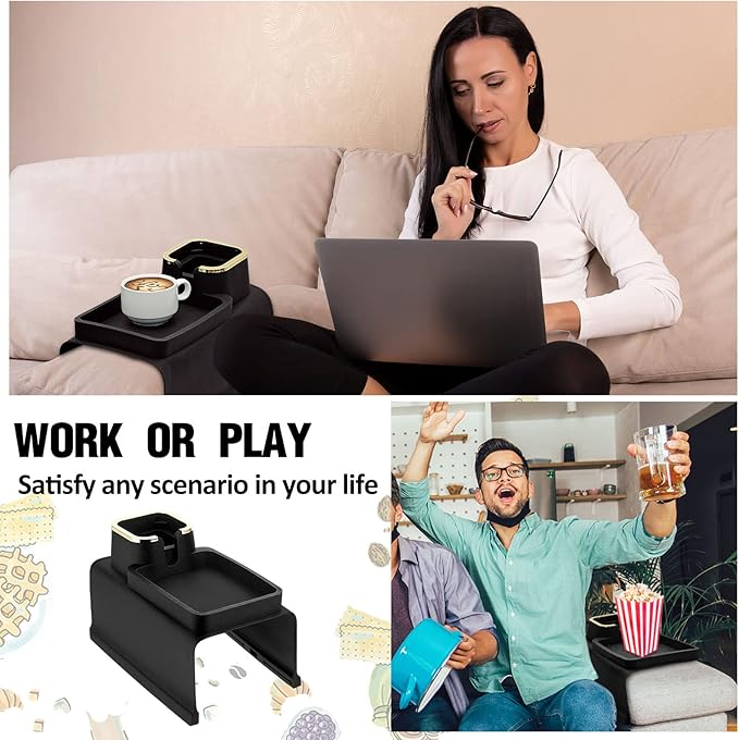 1 Pc Couch Cup Holder Tray Silicone Anti-Spill Anti Slip Sofa Armrest Drink Holder Weighted Couch Caddy Recliner Arm Table for Remote Controls, Phones, Cups and Snacks (Black)