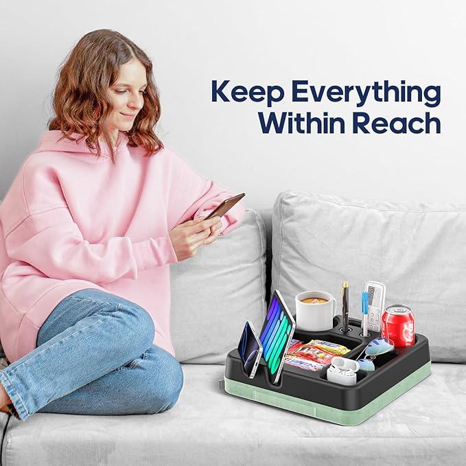 Couch Cup Holder Tray Couch Cup Holder Pillow Bed Tray Snack Sofa Bed Caddy Organizer Beach Sofa Drink Holder Anti-Spill Portable Snack Caddy Couch Remote Holder for Phone Pad Kindle Beverage Green
