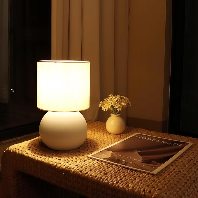 Modern White Small Table Lamp with Cotton Linen Shade, 10.4-inch LED Desk Light, One-Button Switch for Bedroom, Living Room, Nightstand, Includes Warm Light Bulb