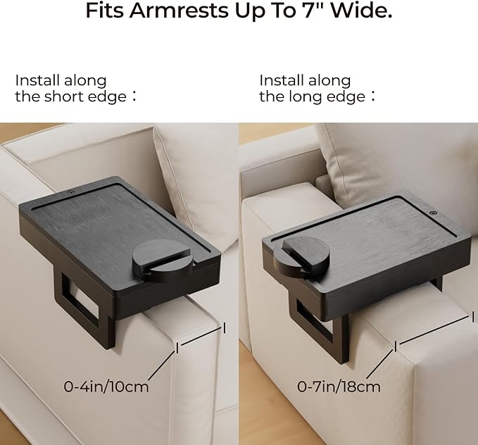 Wealone Mini Black Couch Arm Table for Narrow Armrest, Sofa Arm Tray with Storage Box, Rotating Tabletop & Phone Stand, Adjustable Sofa Arm Table Clip for Snacks or Dining, Width of Armrest 1-7 Inch
