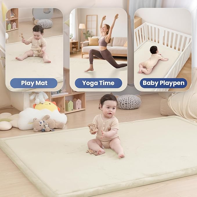 Huloo Sleep Ultra Soft Baby Play Mat for Floor, 1.3" Thick Elasti-Foam 65x50 Play Mat for Playpen,Water-Repellent Coral Velvet for Tummy Time, Non-Slip Backing,Safe for Toddlers & Infants（Cream）