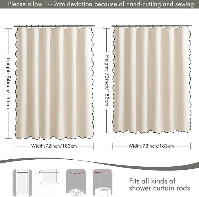 MIULEE Ivory Scalloped Shower Curtain Linen Textured with 12 Metal Hooks Cute Heavy Duty Washable Waterproof Thick Cloth Shower Curtains with Black Border for Bathroom Hotel Bathtub,W72*L72