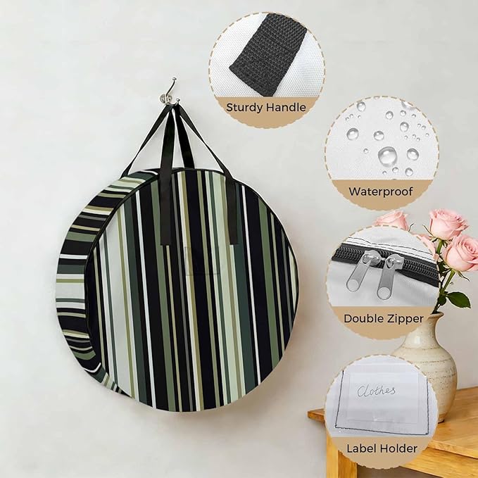 24 Inch Round Storage Bag 1 Pack,Green Black Stripe Pattern Waterproof Wreath Storage Container with Handles&Zipper Line Texture Closet Organizer Bags Garland Box