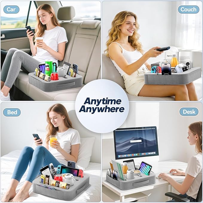 Couch Cup Holder Tray, Couch Caddy for Drink, Snack, Phone, Remote, Ipad, Game Controller, Large-size Sofa Cup Holder for Bed, Sofa, Car, Desk, Gray