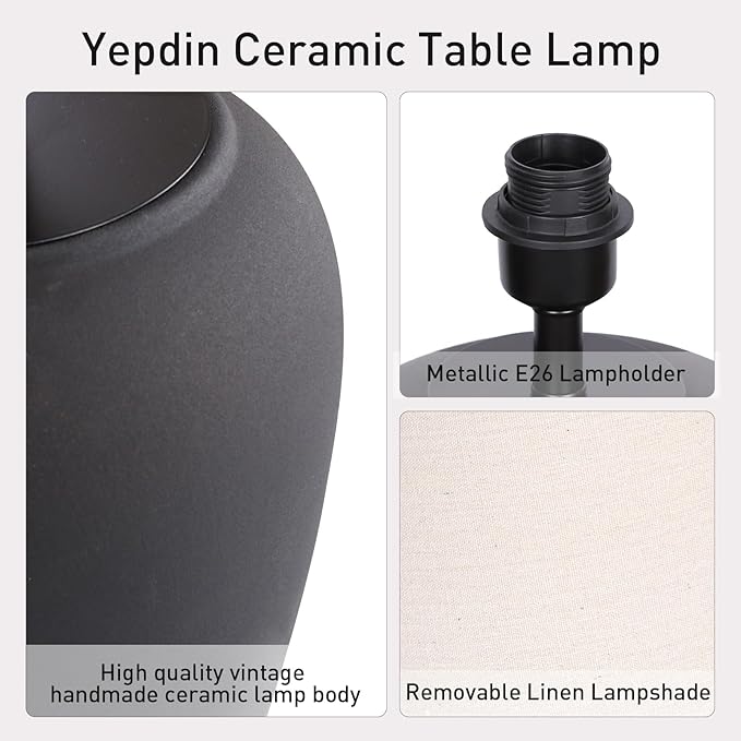 YEPDIN Ceramic Pot Table Lamp 21.25 inch Compact Frosted Nightstand Lamp, Tapered Fabric Shade Bedside, Ceramic Decorative for Living Room Bedroom House Office Entryway, TL3