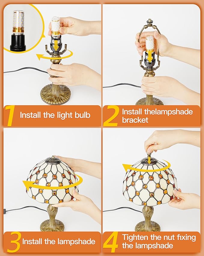 8" Tiffany Style Table Lamp, Yellow Beads Small Stained Glass Night Lamp, Handmade Desk Bedside Antique Light for Living Room, Bedroom and Study, Ideal Art Gift for Family & Friends