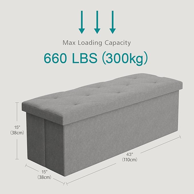VECELO 43'' Folding Storage Ottoman Bench, Storage Chest, Linen Fabric Foot Rest Stool, 158L Storage Footstools for Bedroom and Living Room, Holds up to 660 lbs, Grey