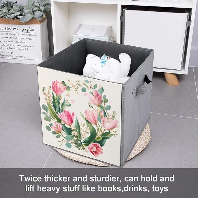Watercolor Floral Wreath with Pink Tulips Cube Storage Bins Storage Cubes Foldable Decorative Fabric Storage Baskets Home Organizers with Handles for Shelves,Closet, 10.6 X 10.6 Inch
