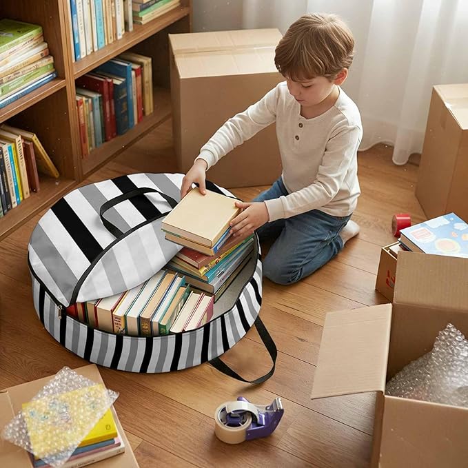 Storage Bag Black Gray Stripes Round Storage Totes Bins Closet Organizers with Zippers & Handle Contrast Striped Clothes Storage Container for Bedroom Dorm Space Saving Packing Supplies Moving Bags