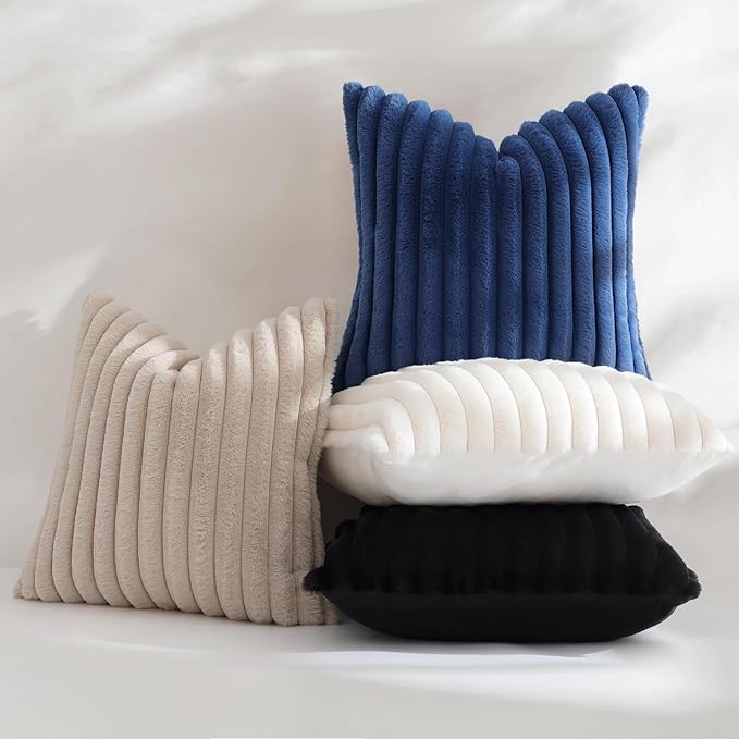 decorUhome Summer Cozy Faux Fur Throw Pillow Covers 26x26 Set of 2 Decorative Soft Plush Striped Modern Farmhouse Boho Couch Euro Sham Pillow Cases with Velvet Back for Sofa Bed Living Room, Beige