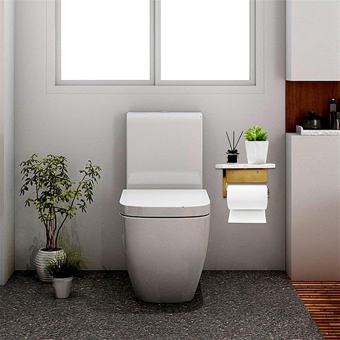 Toilet Paper Holder with Natural Marble Shelf for Bathroom Washroom,Wall Mounted Tissue Holder Suitable for Mega Roll (Brushed Gold, Small 6.7 * 4.3 in)
