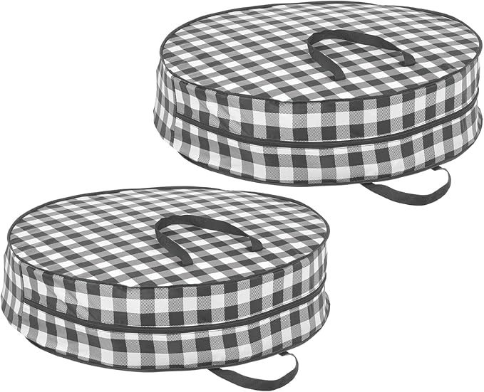mDesign Round 30" Wreath Storage Container with Handles, Fabric Christmas Wreath Storage Bag, Protector, Garland Storage Bag Container, Holiday Decoration Organizer - 2 Pack, Buffalo Plaid Black/White