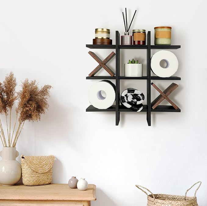 Weysat Tic Tac Toe Toilet Paper Holder Stand Bathroom Wall Decor Rustic Wooden Hanging Storage Freestanding Wall Mounted Shelves Decor for Toilet Tissue Farmhouse
