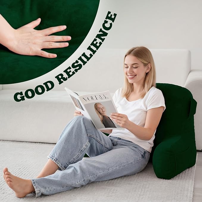Unisakey Portable Comfy Reading Pillows for Bed Sitting Up(Dark Green Oeko-Tex), Velvet Back Pillow with Arms & Pockets for Adults, Support Memory Foam Bed Pillow for Dorm/Reading/Watching/Gaming