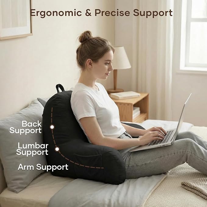 NOONTIDE Reading Pillow for Sitting up in Bed and Couch,Large Back Pillow for Adult & Teens with Soft Adjustable Neck Roll Backrest Pillow,Washable Cover,Watching TV/Gaming/Relaxing(Black)