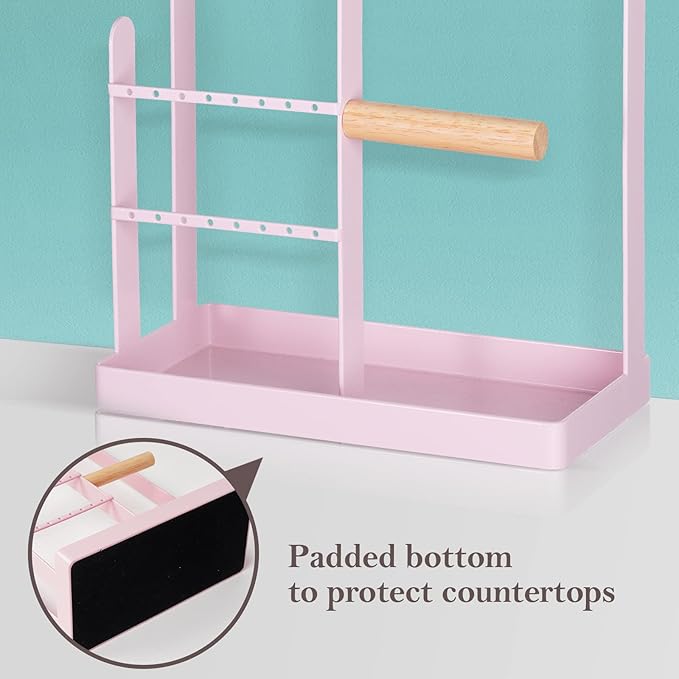 ProCase Jewelry Stand Holder Organizer, 4-Tier Necklace Holder with Ring Tray, 10 Hooks Necklaces Hanging Small Jewelry Display Storage Tower Tree for Bracelets Earrings Watches -Medium, Pink