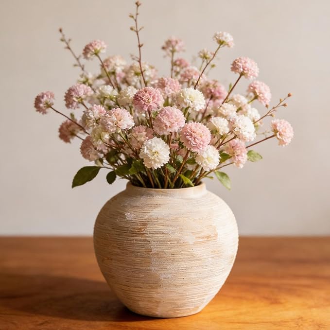 Large Rustic Ribbed Vase Home Decor - 8.8 in Ceramic Vintage Farmhouse Vases for Decor, Decorative Terracotta Round Bowl vase for Living Room, Table, Shelf, Kichen Décor