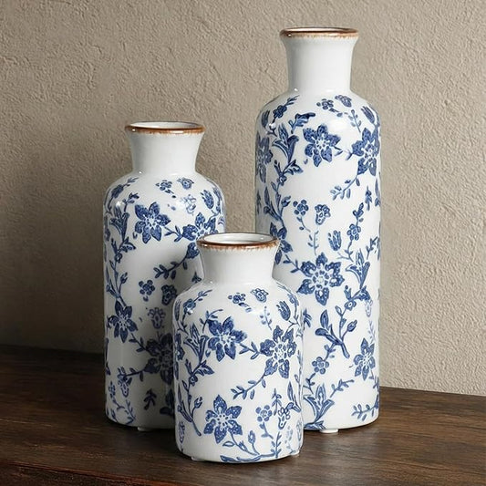 Ceramic Vase Set of 3, Vintage Ceramic Flower Vases, Crackle-Glaze & Distressed Rim, Blue Botanical Pattern, for Home Decor, Living Room Mantel & Dining Table Centerpiece