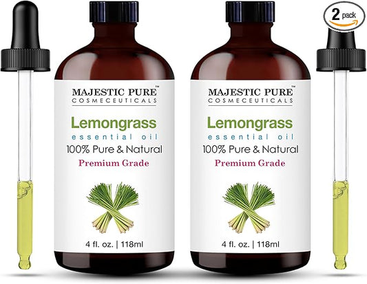 Majestic Pure Essential Oil with Glass Dropper - 100% Pure and Natural - Essential Oils for Diffuser, Aromatherapy, Soap and Candle Making, Lemongrass Essential Oil, Lemongrass Oil, 4 Fl Oz Pack of 2