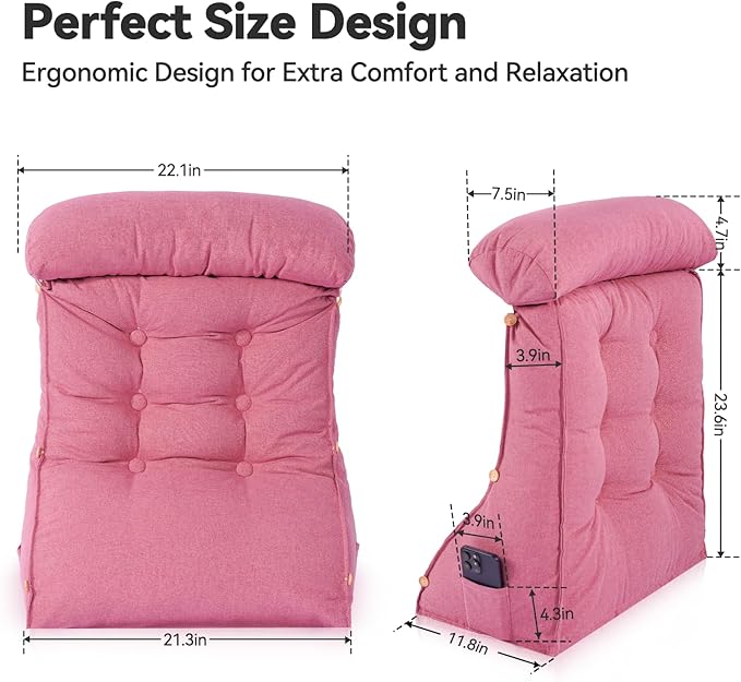 23" H Bed Wedge Reading Pillow with Adjustable Headrest, Reading Pillow for Sitting in Bed Couch Adult Backrest Pillow for Neck Back Lumbar Support with Removable Washable Cover Magenta