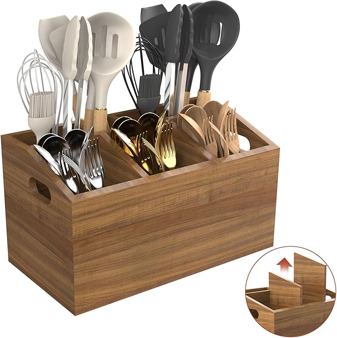 COAZEX Wooden Kitchen Utensil Holder for Countertop or Wall, Extra Large Acacia Wood Utensil Holder Organizer with 5 Compartments, Rustic Utensil Caddy for Cooking Tools & Silverware