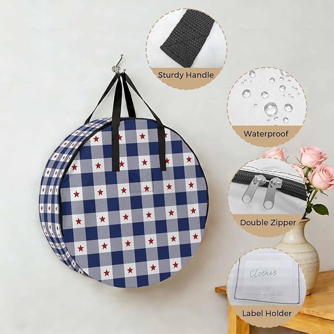 Independence Day Round Storage Bag 36 Inch, Patriotic Star Plaid Blue White Clothes Storage Container with Handles Heavy Duty Organizer for Comforter, Bedding & Holiday Wreaths