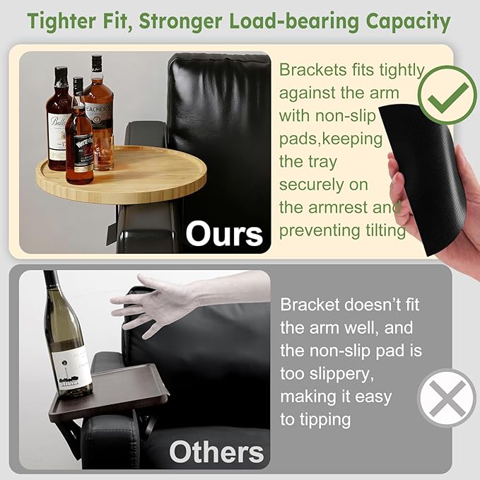 Bamboo Couch Arm Tray,12'' Space Adjustable Sofa Arm Table,Round Chair Arm Table Sofa Armrest Tray for Thin & Wide Couches Arm,Snack Armchair Couch Caddy