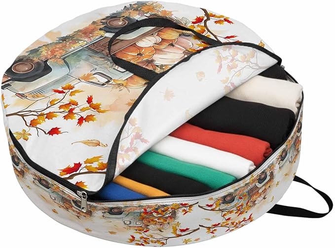 Thanksgiving Pumpkin Round Storage Bag 24 Inch, Truck Fall Maple Leaves Clothes Storage Container with Handles Heavy Duty Organizer for Comforter, Bedding & Holiday Wreaths