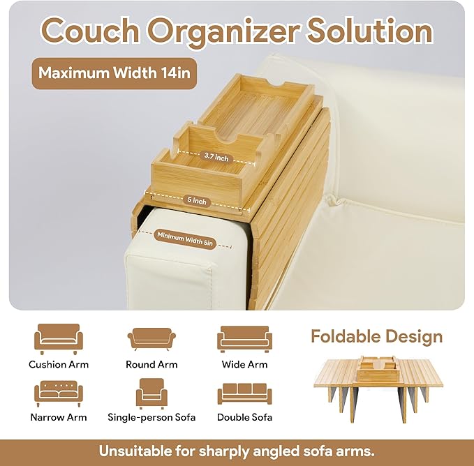 Bamboo Couch Cup Holder Tray, Sofa Arm Tray, Lab Tray with Detachable Design | Anti-Slip Foldable Sofa Armrest Table for Snacks, Drinks, Donuts, Phone & Remote | Anti-Falling Couch Organizer